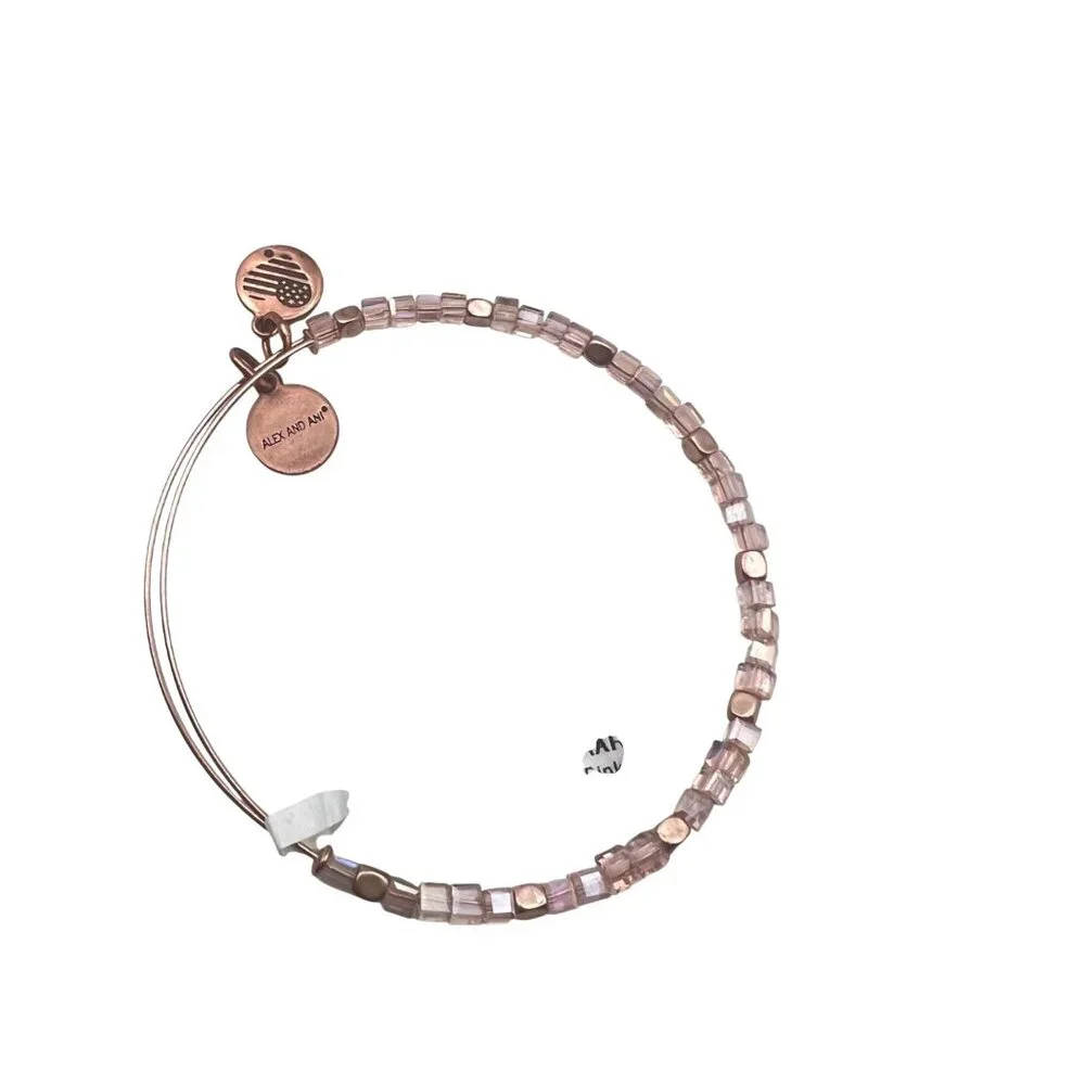 Alex And Ani Rose Gold Bangle Bracelet Balance Bead Soft Pink AB Square NWT - Picture 1 of 5